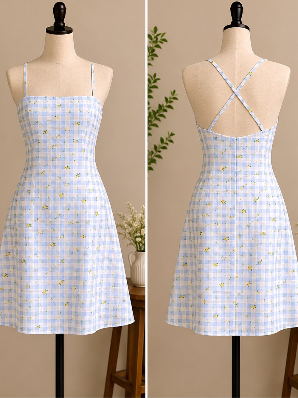 Vine and Valley Light Blue Gingham Floral Cami juniors Dress